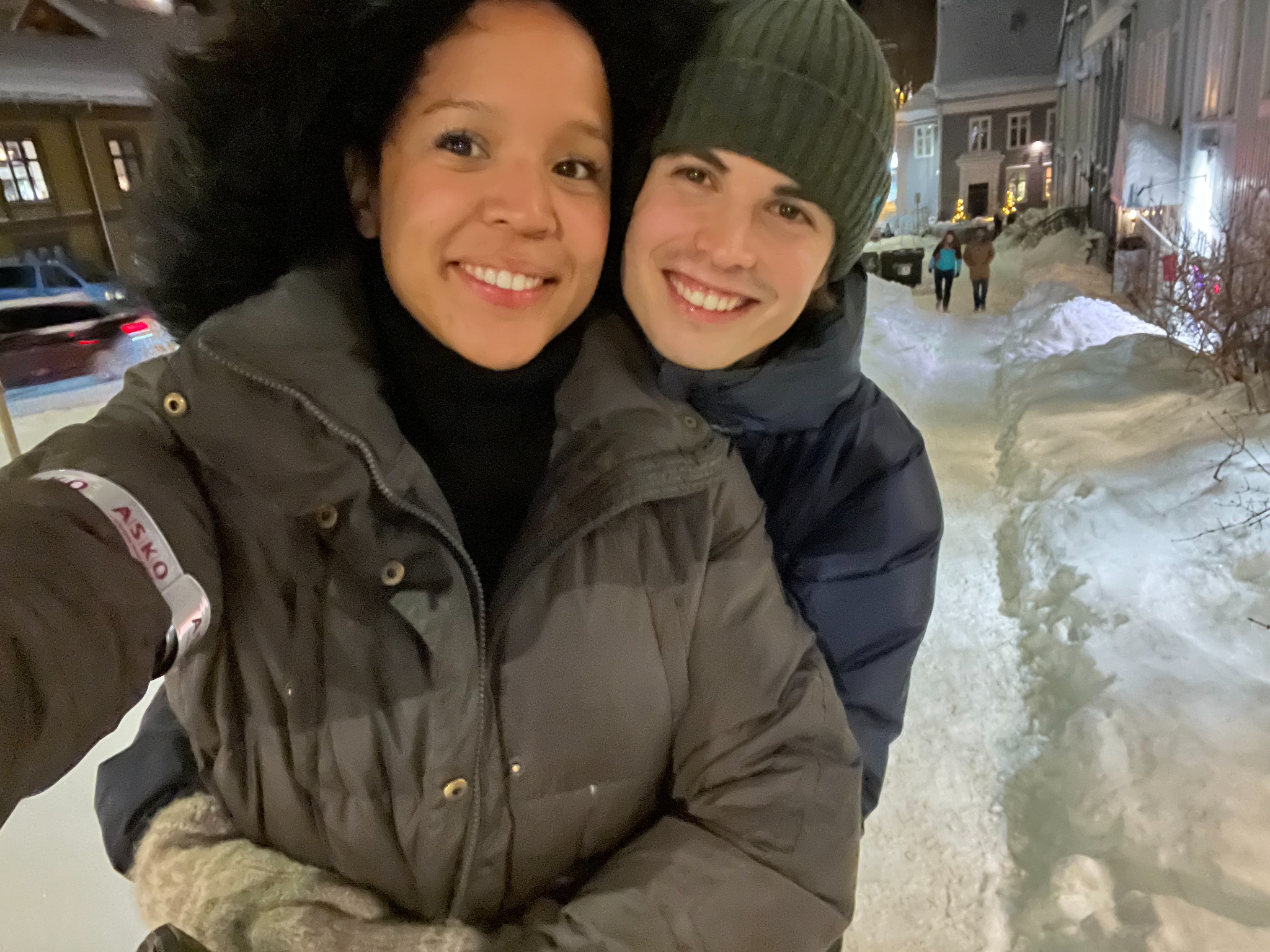 Oscar and Amber together on a snowy evening